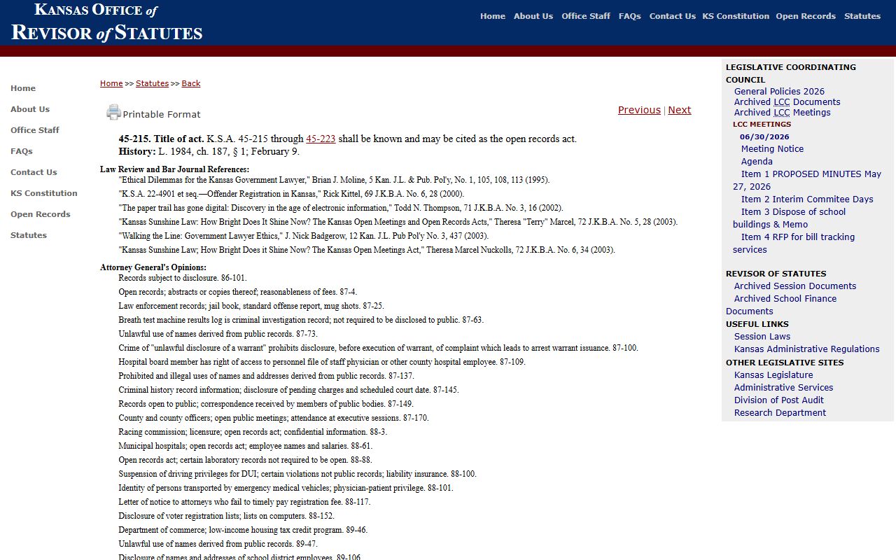 Nemaha County court records K.S.A. 45-215 public records source