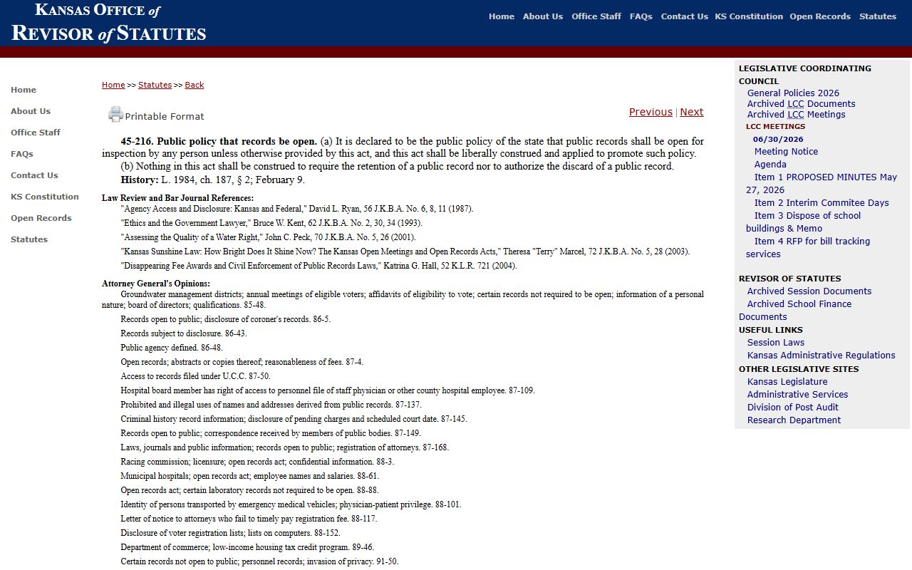 Nemaha County court records K.S.A. 45-216 access policy source