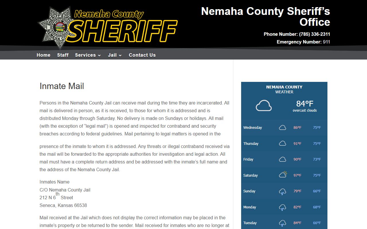 Nemaha County inmate records and inmate mail rules