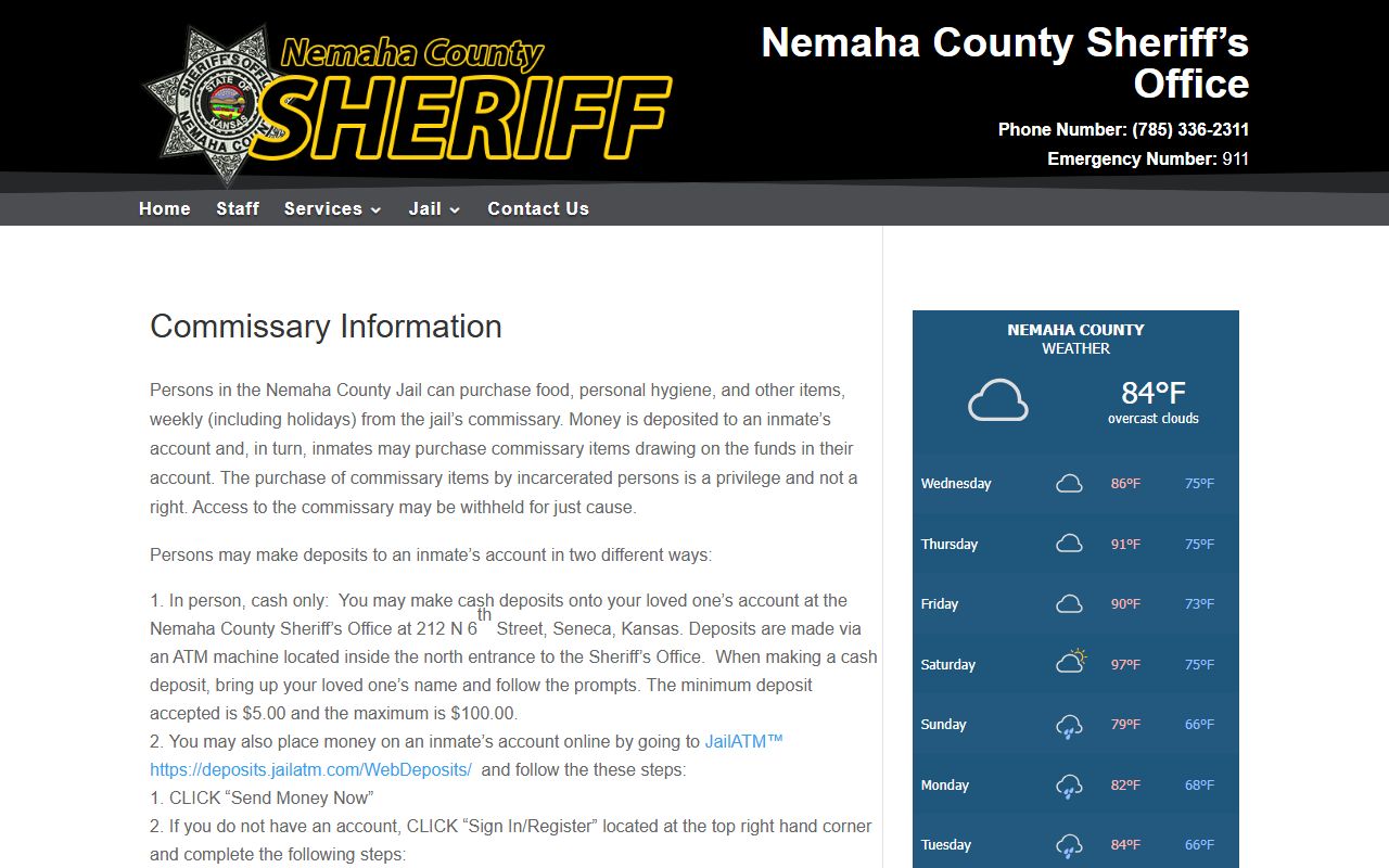 Nemaha County inmate records and jail commissary information