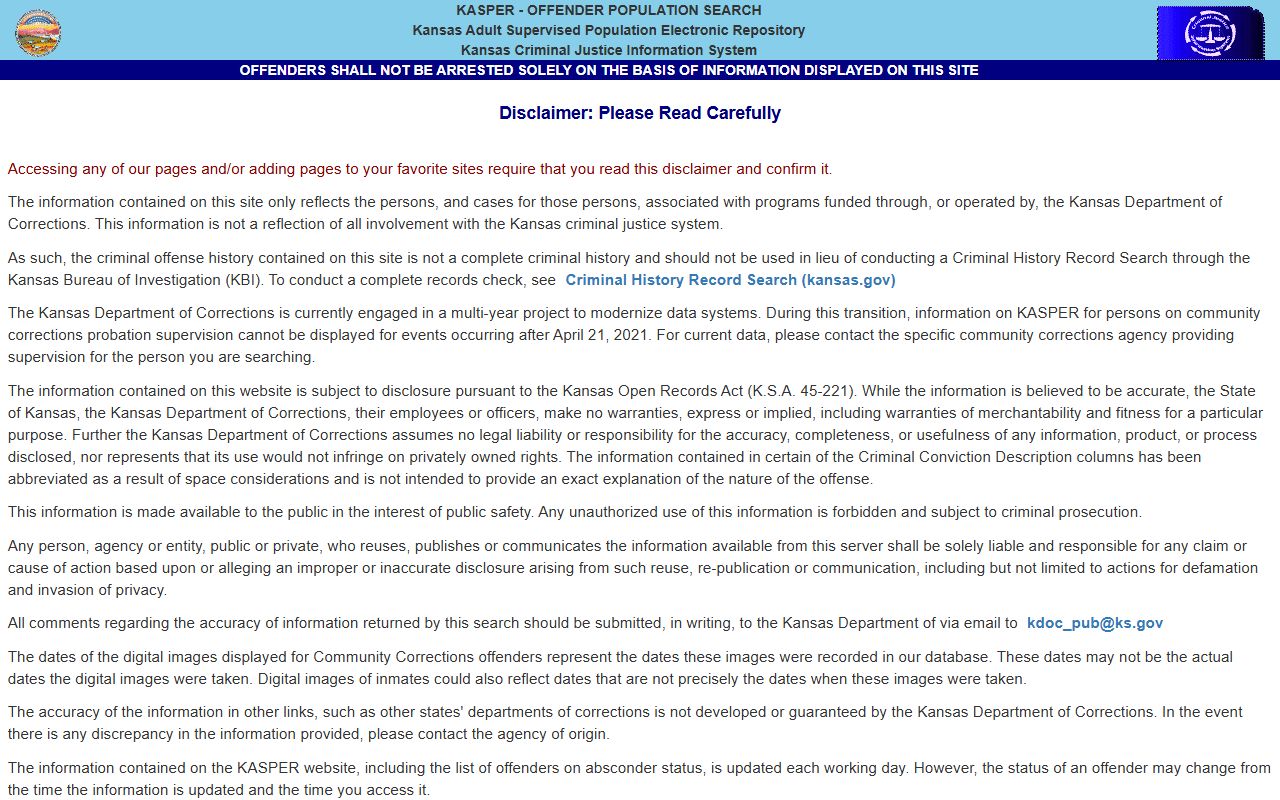 Nemaha County warrant records and KDOC KASPER offender search disclaimer