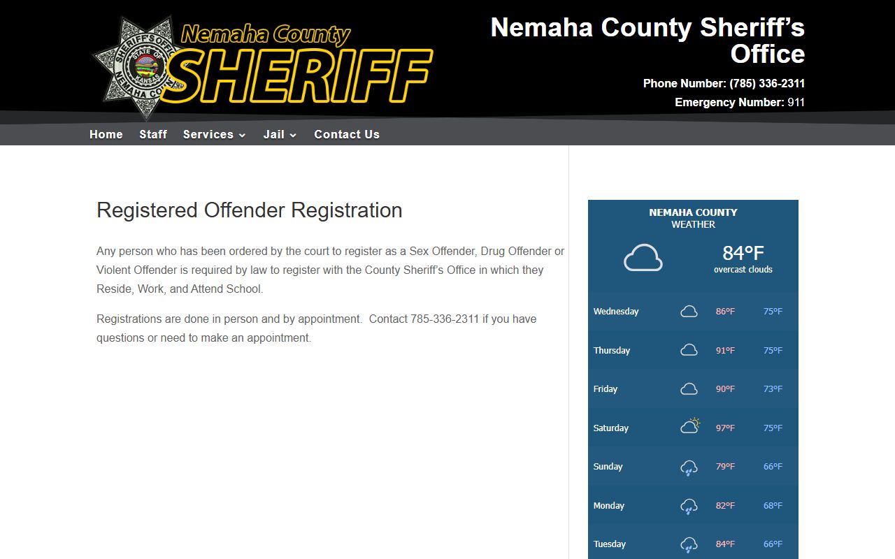 Nemaha County warrant records and registered offender registration page